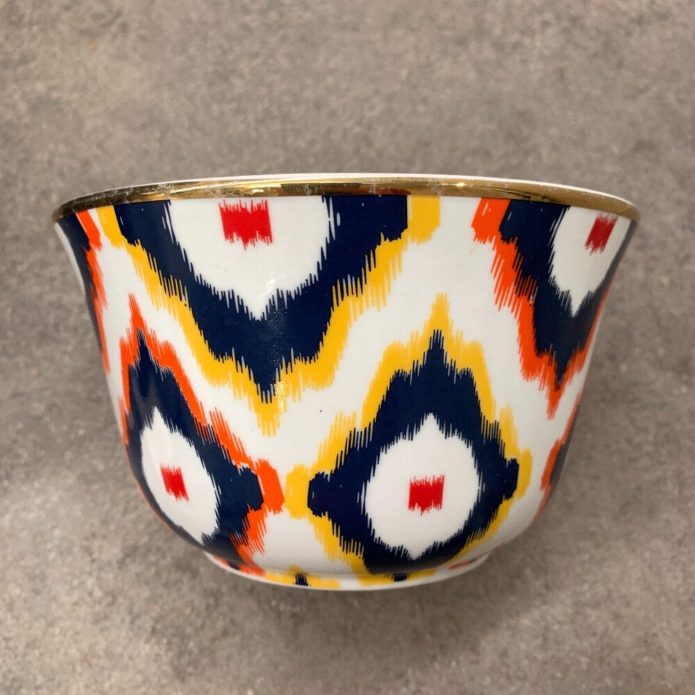 RARE C. Wonder Ikat Uzbek Ceramic Bowl Navy Blue Red Yellow Decorative Pot